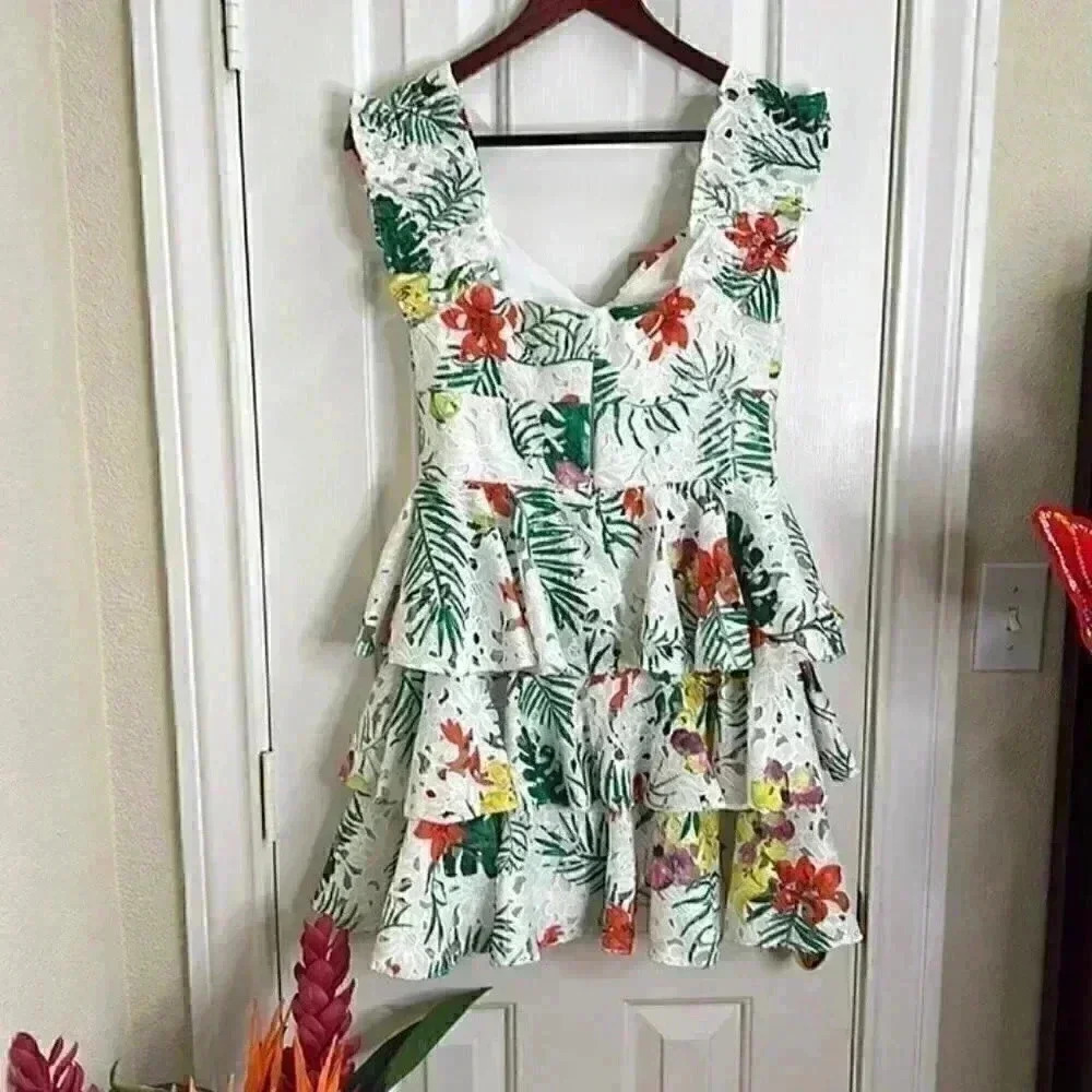 NWOT CAROLINE CONSTAS HELENA PRINTED LACE TIERED DRESS  medium made New York - Picture 4 of 9